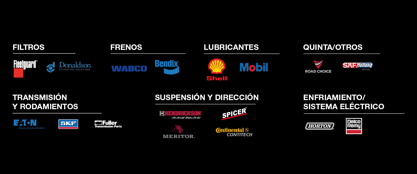 Filtros, frenos, lubricantes, quinta, transmisión y rodamientos, suspensión y dirección, enfiramiento y sistema eléctrico para camiones Kenworth, International, Volvo, Freightliner y Mack